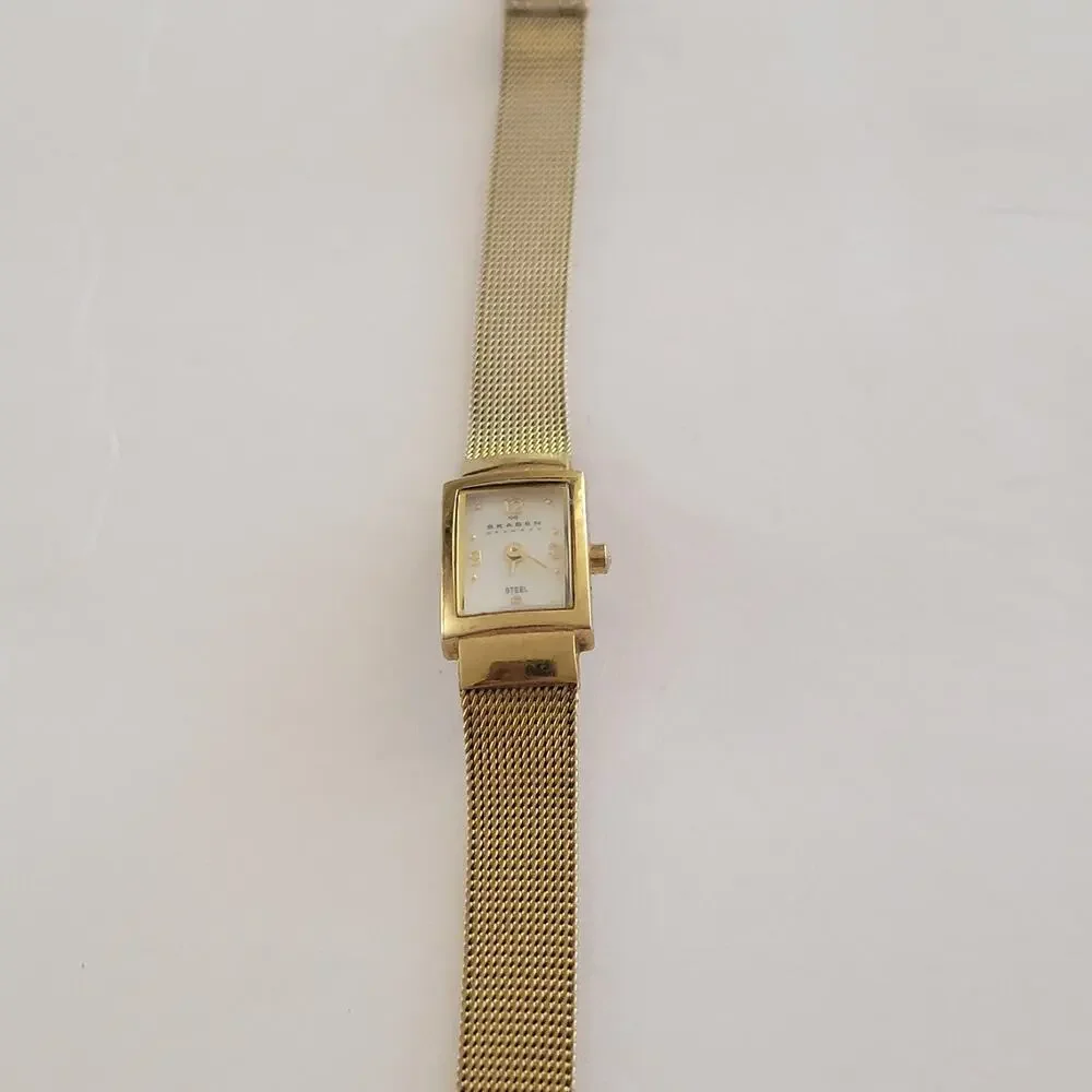 Skagen Womens Watch White Dial 18mm Gold Case Gold Mesh Bracelet Quartz